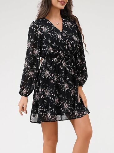 DERAX Women's Boho Floral Mini Dresses Fall V Neck Chiffon Long Peasant Sleeves 2026 Spring Short Dress in Kuwait