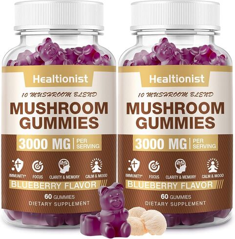 2 Packs Mushroom Complex Gummies 10 Blend - Lion's Mane Gummies for Adults, Cordyceps, Shiitake, Reishi, Chaga - Brain, Immune Support & Stress Relief, Energy, Mushroom Supplement for Men & Women in Kuwait