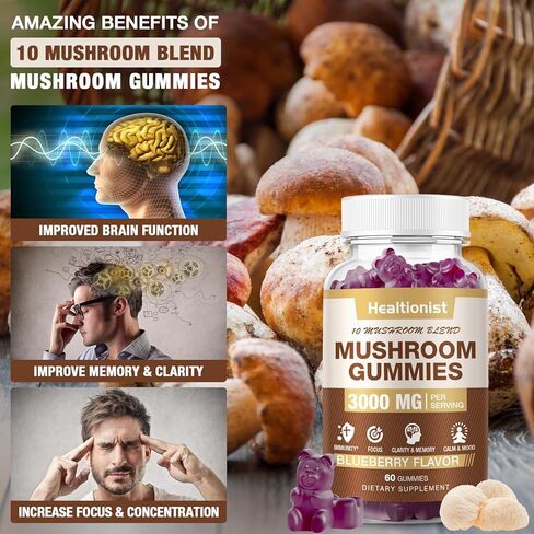 2 Packs Mushroom Complex Gummies 10 Blend - Lion's Mane Gummies for Adults, Cordyceps, Shiitake, Reishi, Chaga - Brain, Immune Support & Stress Relief, Energy, Mushroom Supplement for Men & Women in Kuwait