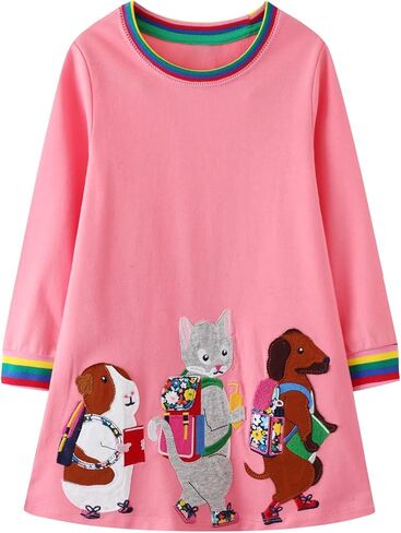 FreeLu Girls' Cotton Casual Longsleeve Party Dresses Special Occasion Cartoon Print Dress 2-7Y in Saudi Arabia
