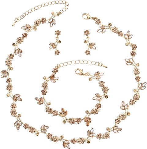 Brides Bridesmaid Flower Leaf Choker Necklace Dangle Earrings Link Bracelet Austrian Crystal Wedding Jewelry Set for Prom Costume Party Accessories for Woman in Saudi Arabia