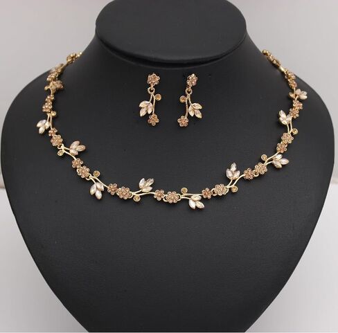 Brides Bridesmaid Flower Leaf Choker Necklace Dangle Earrings Link Bracelet Austrian Crystal Wedding Jewelry Set for Prom Costume Party Accessories for Woman in Saudi Arabia