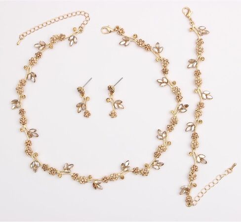 Brides Bridesmaid Flower Leaf Choker Necklace Dangle Earrings Link Bracelet Austrian Crystal Wedding Jewelry Set for Prom Costume Party Accessories for Woman in Saudi Arabia