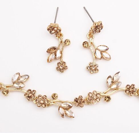 Brides Bridesmaid Flower Leaf Choker Necklace Dangle Earrings Link Bracelet Austrian Crystal Wedding Jewelry Set for Prom Costume Party Accessories for Woman in Saudi Arabia