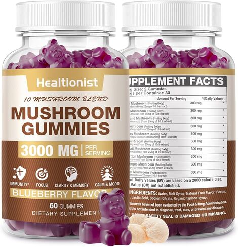 2 Packs Mushroom Complex Gummies 10 Blend - Lion's Mane Gummies for Adults, Cordyceps, Shiitake, Reishi, Chaga - Brain, Immune Support & Stress Relief, Energy, Mushroom Supplement for Men & Women in Kuwait
