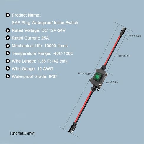DC 12V Inline Power Toggle Switch, IP67 Waterproof 12AWG ON/Off Switch SAE Cable with Quick Red Light Button, Suit for Camp Trailer,Motorcycle,Solar Panel,RV, or Others Device (DC Red SAE) in Kuwait