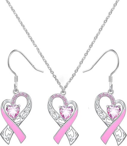 Breast Cancer Awareness Necklace Earring for Women, Pink Ribbon Heart Dangle Drop Pendant Survivor Gifts Supporter Inspirational Jewelry in Kuwait