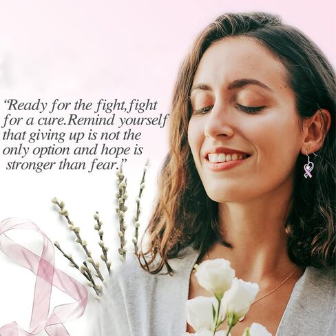 Breast Cancer Awareness Necklace Earring for Women, Pink Ribbon Heart Dangle Drop Pendant Survivor Gifts Supporter Inspirational Jewelry in Kuwait