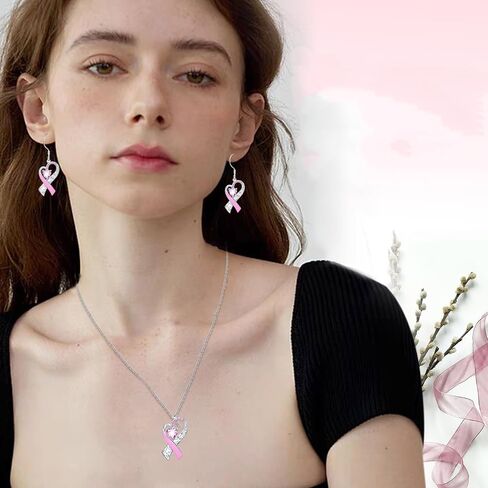Breast Cancer Awareness Necklace Earring for Women, Pink Ribbon Heart Dangle Drop Pendant Survivor Gifts Supporter Inspirational Jewelry in Kuwait