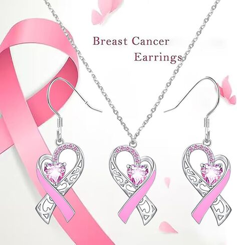 Breast Cancer Awareness Necklace Earring for Women, Pink Ribbon Heart Dangle Drop Pendant Survivor Gifts Supporter Inspirational Jewelry in Kuwait