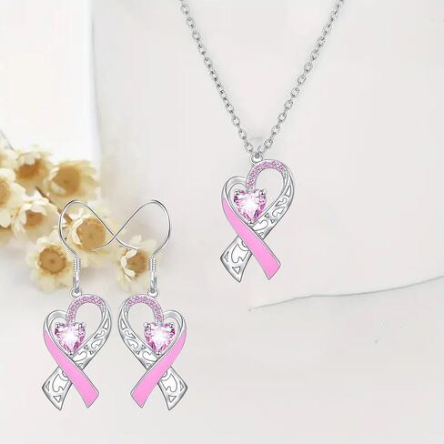 Breast Cancer Awareness Necklace Earring for Women, Pink Ribbon Heart Dangle Drop Pendant Survivor Gifts Supporter Inspirational Jewelry in Kuwait