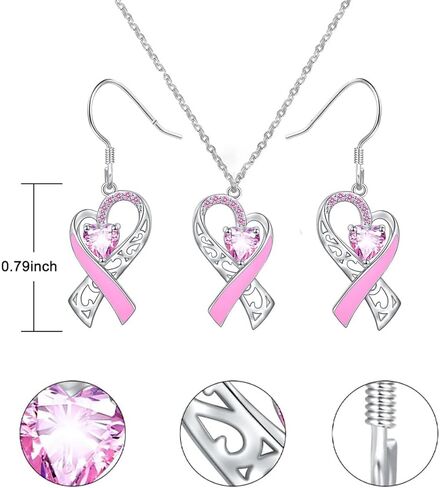 Breast Cancer Awareness Necklace Earring for Women, Pink Ribbon Heart Dangle Drop Pendant Survivor Gifts Supporter Inspirational Jewelry in Kuwait