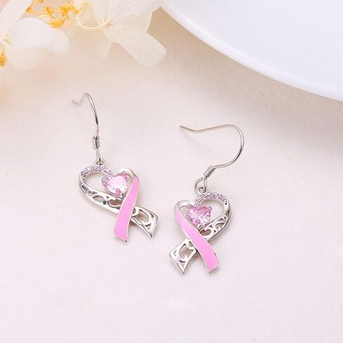 Breast Cancer Awareness Necklace Earring for Women, Pink Ribbon Heart Dangle Drop Pendant Survivor Gifts Supporter Inspirational Jewelry in Kuwait