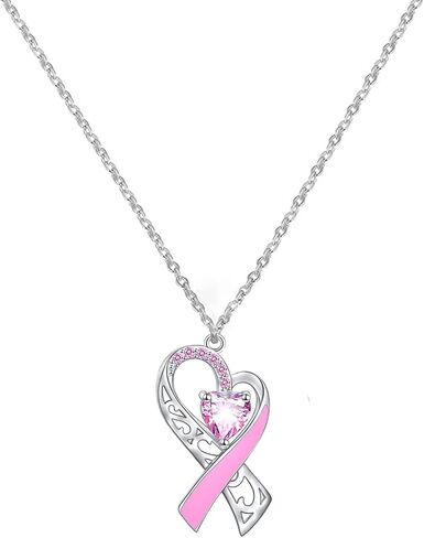 Breast Cancer Awareness Necklace Earring for Women, Pink Ribbon Heart Dangle Drop Pendant Survivor Gifts Supporter Inspirational Jewelry in Kuwait