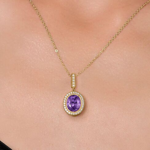 Gem Stone King 18K Yellow Gold Plated Silver Oval Gemstone Birthstone Halo Necklace For Women | Oval 12X10MM | Halo Pendant Necklace for Women | With 18 Inch Chain in Saudi Arabia