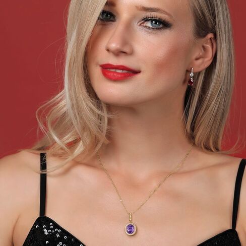 Gem Stone King 18K Yellow Gold Plated Silver Oval Gemstone Birthstone Halo Necklace For Women | Oval 12X10MM | Halo Pendant Necklace for Women | With 18 Inch Chain in Saudi Arabia