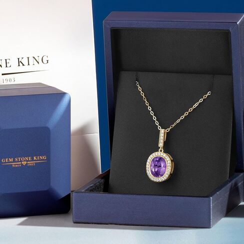 Gem Stone King 18K Yellow Gold Plated Silver Oval Gemstone Birthstone Halo Necklace For Women | Oval 12X10MM | Halo Pendant Necklace for Women | With 18 Inch Chain in Saudi Arabia