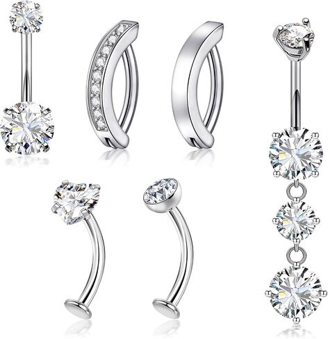 6 Pcs 14G Stainless Steel Belly Button Ring Cubic Zirconia Belly Button Clicker Dangle Navel Body Piercing Set in Kuwait