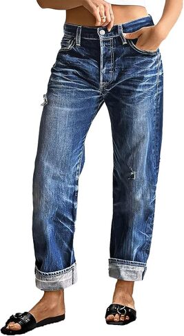 Flamingals Straight Leg Jeans for Women Mid Rise Casual Barrel Roll Hem Ripped Wash Denim Cropped Pants in Saudi Arabia