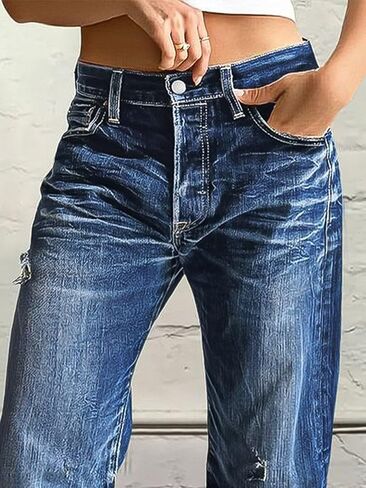 Flamingals Straight Leg Jeans for Women Mid Rise Casual Barrel Roll Hem Ripped Wash Denim Cropped Pants in Saudi Arabia