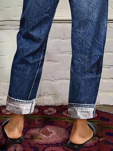 Flamingals Straight Leg Jeans for Women Mid Rise Casual Barrel Roll Hem Ripped Wash Denim Cropped Pants in Saudi Arabia