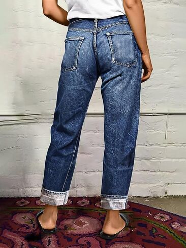 Flamingals Straight Leg Jeans for Women Mid Rise Casual Barrel Roll Hem Ripped Wash Denim Cropped Pants in Saudi Arabia