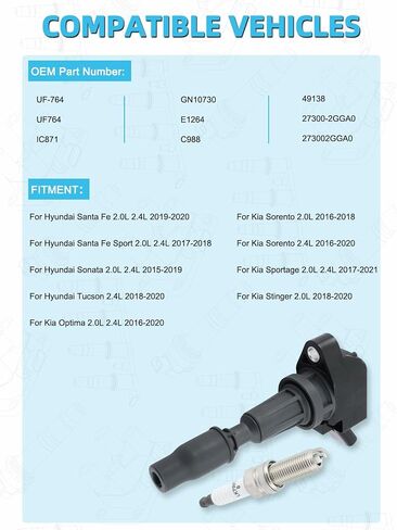 Set of 4 UF764 Ignition Coil Pack & Iridium Spark Plug (2.0L 2.4L) 2015-2021 For Hyundai Santa Fe Sport Sonata Tucson,For Kia Optima Sorento Sportage Stinger,Replace # GN10730 C988 27300-2GGA0 in Saudi Arabia