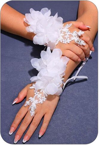 Unsutuo Flower Fingerless Gloves Lace Gloves Rhinestone Short Bridal Glove for Women and Brides in Saudi Arabia