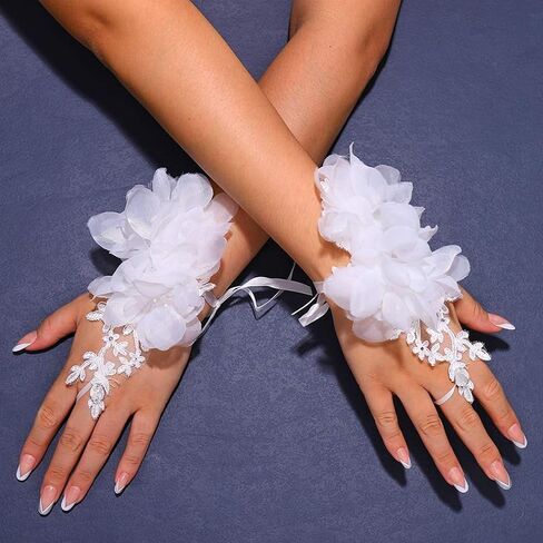 Unsutuo Flower Fingerless Gloves Lace Gloves Rhinestone Short Bridal Glove for Women and Brides in Saudi Arabia
