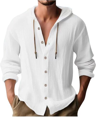 Linen Shirts for Men Casual Button Shirts Summer Cotton Linen Drawstring Hoodie Beach Long Sleeve Shirts Top with Hood in Saudi Arabia