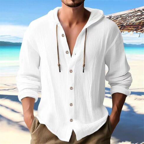 Linen Shirts for Men Casual Button Shirts Summer Cotton Linen Drawstring Hoodie Beach Long Sleeve Shirts Top with Hood in Saudi Arabia