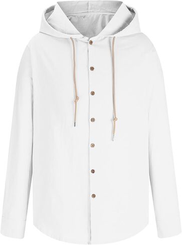 Linen Shirts for Men Casual Button Shirts Summer Cotton Linen Drawstring Hoodie Beach Long Sleeve Shirts Top with Hood in Saudi Arabia
