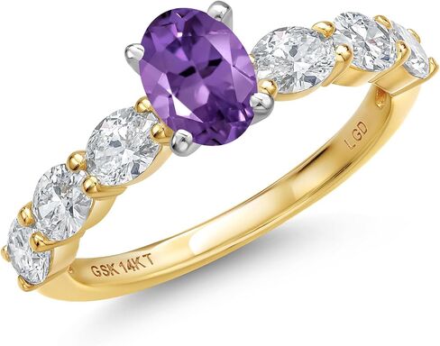 Gem Stone King 14K Two Tone Gold 6X4MM Oval Cut Gemstone Birthstone and 4X3MM Oval Lab Grown Diamond Engagement Ring For Women | Wedding Anniversary Promise Gold Ring in Saudi Arabia