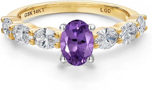 Gem Stone King 14K Two Tone Gold 6X4MM Oval Cut Gemstone Birthstone and 4X3MM Oval Lab Grown Diamond Engagement Ring For Women | Wedding Anniversary Promise Gold Ring in Saudi Arabia
