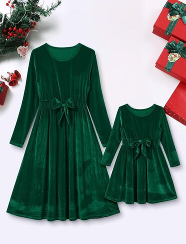 AWIBMK Mommy and Me Dresses Long Sleeve Solid Color Christmas Velvet Ruffle Dress Xmas Holiday Party Family Matching Outfits in Saudi Arabia