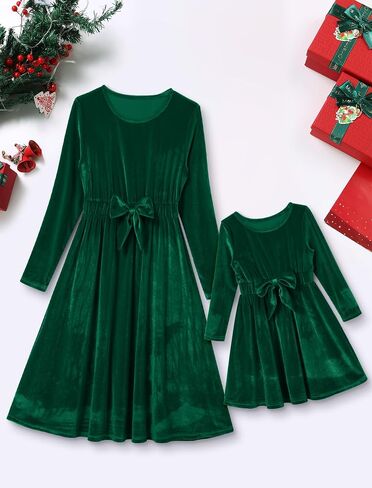 AWIBMK Mommy and Me Dresses Long Sleeve Solid Color Christmas Velvet Ruffle Dress Xmas Holiday Party Family Matching Outfits in Saudi Arabia