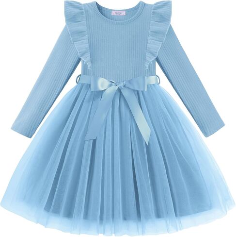 Arshiner Toddler Tutu Dress Little Girls Long Sleeve Casual Tulle Kids Fall Winter Outfits with Ribbon in Saudi Arabia