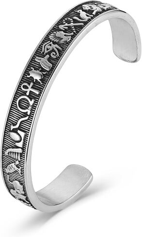 HZMAN Egyptian Totem Cuff Bracelet for Men Stainless Steel Open Cuff Bangle with Horus Eye, Anubis & Scarab Symbols, 11mm Unadjustable Jewelry Gift in Saudi Arabia