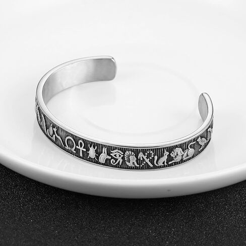 HZMAN Egyptian Totem Cuff Bracelet for Men Stainless Steel Open Cuff Bangle with Horus Eye, Anubis & Scarab Symbols, 11mm Unadjustable Jewelry Gift in Saudi Arabia