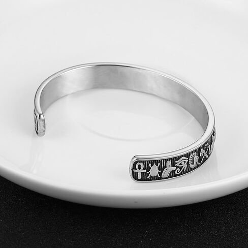 HZMAN Egyptian Totem Cuff Bracelet for Men Stainless Steel Open Cuff Bangle with Horus Eye, Anubis & Scarab Symbols, 11mm Unadjustable Jewelry Gift in Saudi Arabia