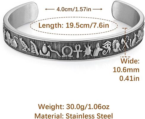 HZMAN Egyptian Totem Cuff Bracelet for Men Stainless Steel Open Cuff Bangle with Horus Eye, Anubis & Scarab Symbols, 11mm Unadjustable Jewelry Gift in Saudi Arabia