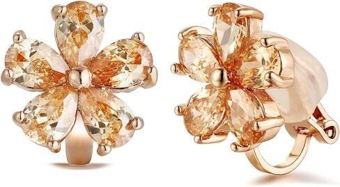 Clip On Flower Earrings for Women CZ Sparkly Stud Earrings Non Pierced Cubic Zirconia Cherry Blossom in Saudi Arabia