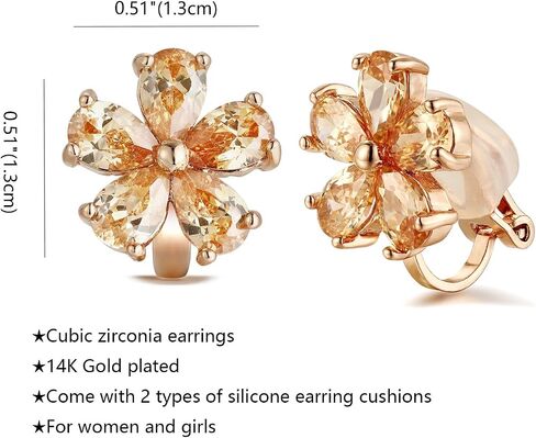 Clip On Flower Earrings for Women CZ Sparkly Stud Earrings Non Pierced Cubic Zirconia Cherry Blossom in Saudi Arabia
