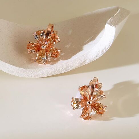Clip On Flower Earrings for Women CZ Sparkly Stud Earrings Non Pierced Cubic Zirconia Cherry Blossom in Saudi Arabia