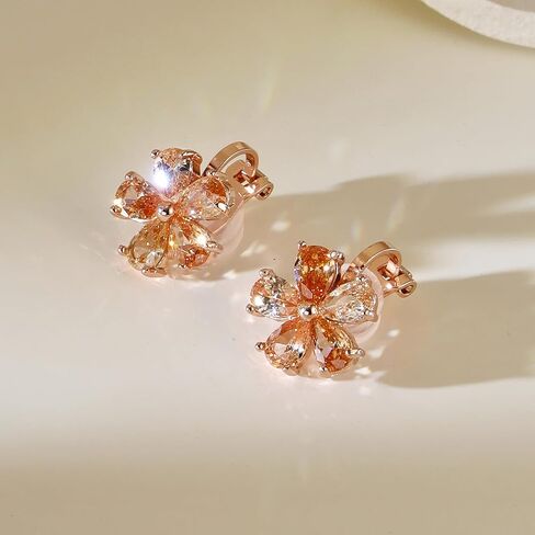 Clip On Flower Earrings for Women CZ Sparkly Stud Earrings Non Pierced Cubic Zirconia Cherry Blossom in Saudi Arabia