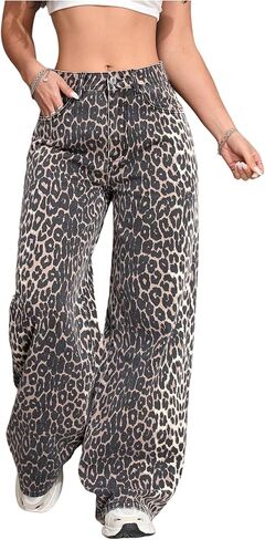 Floerns Women's Y2k Cheetah Print Wide Leg Jeans High Waisted Baggy Casual Denim Pants in Saudi Arabia