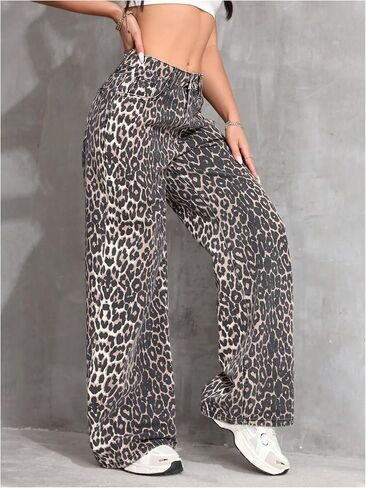Floerns Women's Y2k Cheetah Print Wide Leg Jeans High Waisted Baggy Casual Denim Pants in Saudi Arabia