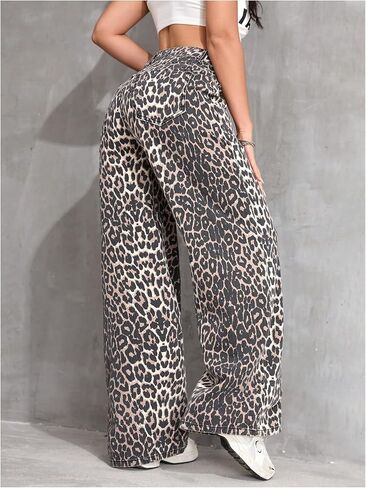 Floerns Women's Y2k Cheetah Print Wide Leg Jeans High Waisted Baggy Casual Denim Pants in Saudi Arabia