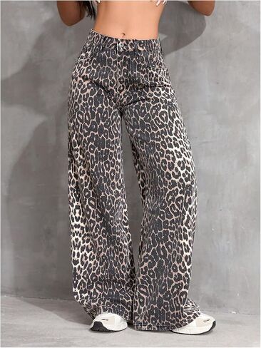 Floerns Women's Y2k Cheetah Print Wide Leg Jeans High Waisted Baggy Casual Denim Pants in Saudi Arabia