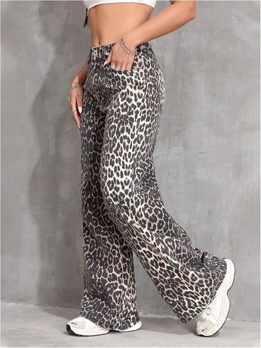 Floerns Women's Y2k Cheetah Print Wide Leg Jeans High Waisted Baggy Casual Denim Pants in Saudi Arabia